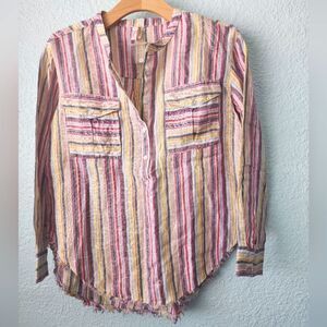 Elan linen coastal top blouse stripe new raw hem